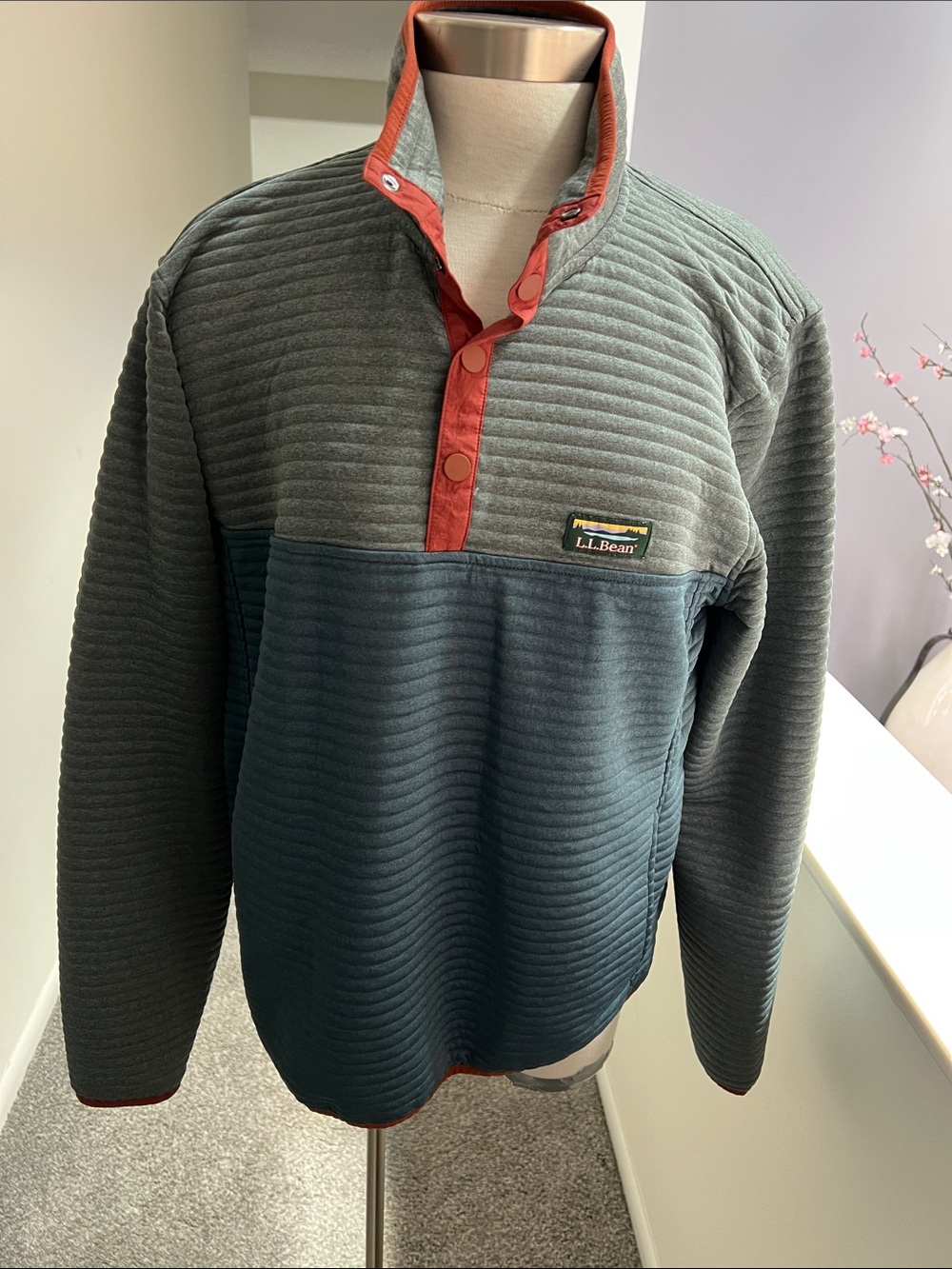 L.L. Bean Two-Tone Quilted Pull-Over with Rust Snap Placket